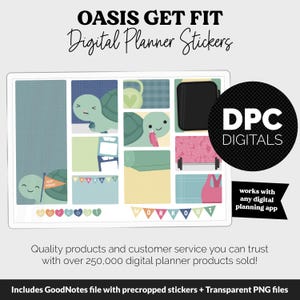 Op de afbeelding: Digitale planner stickers met een fitnessthema. De stickers bevatten afbeeldingen van een schildpad, yogamat, dumbbells en een waterfles. De tekst op de stickers zegt "Workout" en "Keep Going!" De stickers zijn ontworpen om te werken met elke digitale planning app.