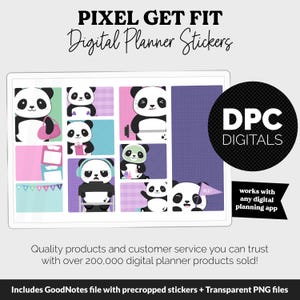 Puede incluir: Pegatinas digitales para planificador con pandas en varias poses y temas. Las pegatinas se muestran en una pantalla de tableta digital, con el texto "PIXEL GET FIT" y "Digital Planner Stickers" en la parte superior.