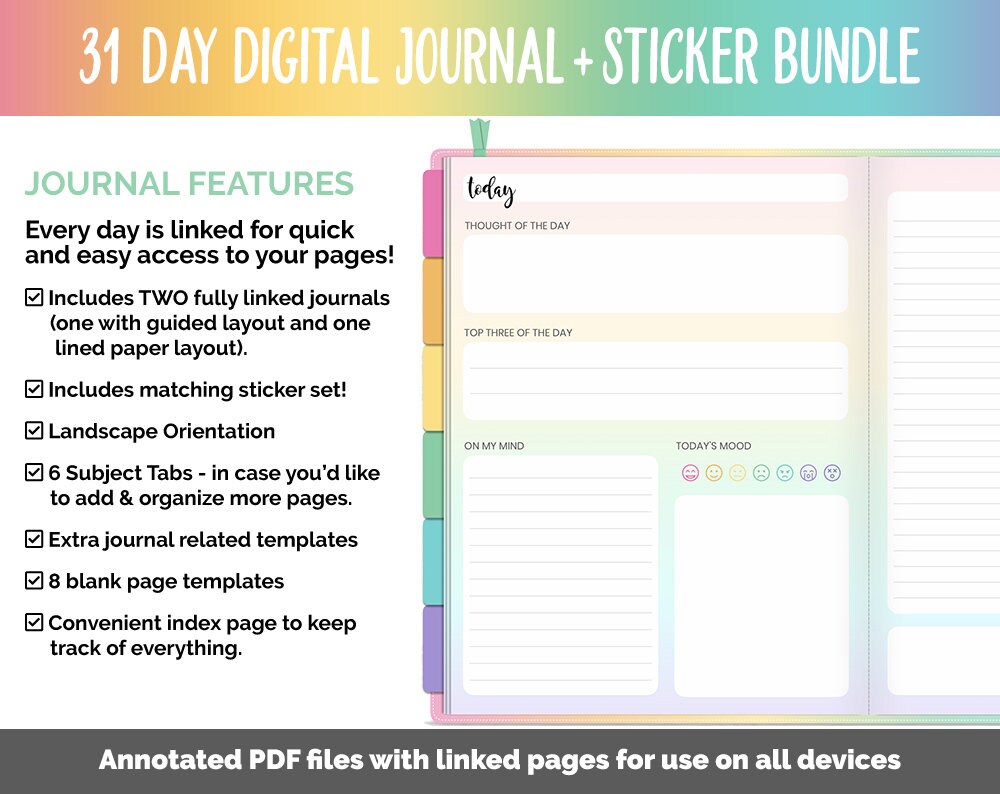 31 Day Digital Journal Sticker Bundle Rainbow Theme Etsy