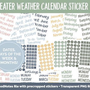 May include: A digital sticker kit for a calendar featuring a variety of stickers with months, days of the week, dates, and other phrases like "to do" and "birthday". The stickers are in various colors, including pink, blue, green, and yellow. The text "SWEATER WEATHER CALENDAR STICKER KIT" is at the top of the image.