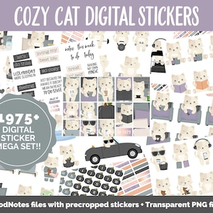 May include: A digital sticker set featuring over 1975 cute illustrations of white cats in various poses and activities. The stickers are designed for use in digital planners and journals. The set includes stickers with text such as "let's do this!" and "living my best life".