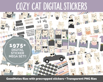 Cozy Cat Digital Sticker Mega Bundle | GoodNotes & iPad | October, Retro, Halloween, Kitty, Work, Kawaii, Adulting, Tasks