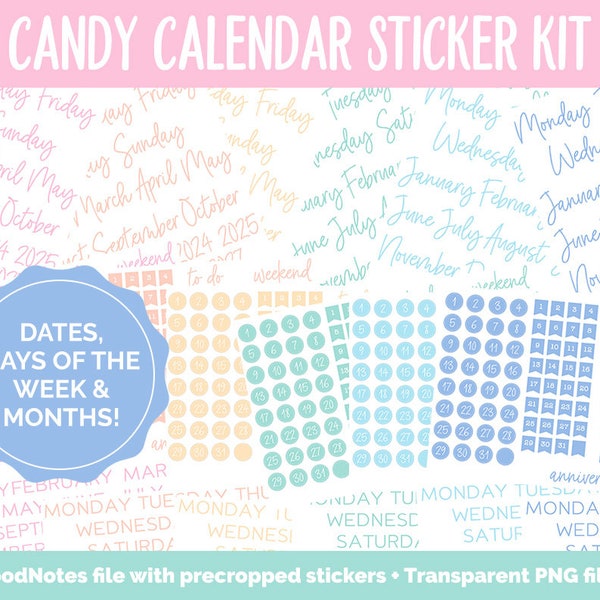 Candy Calendar Essentials Digital Planner Stickers | GoodNotes, iPad and Android | Dates, Days of the Week, Months