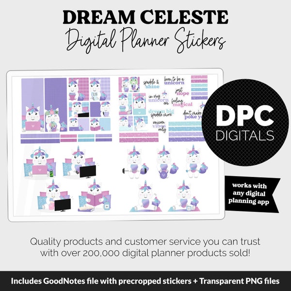 Dream Celeste the Unicorn Digital Planner Stickers | GoodNotes, iPad and Android | May, Spring, Kawaii, Activities