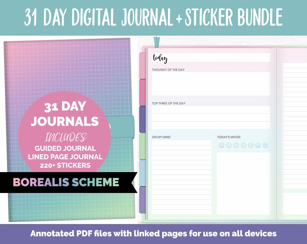 31 Day Digital Journal Sticker Bundle Borealis Theme Etsy