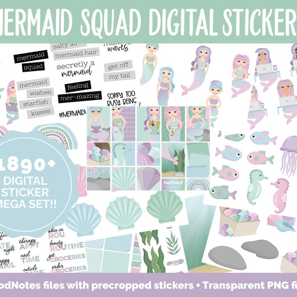 Mermaid Squad Digital Sticker Mega Bundle | GoodNotes & iPad | May, Ocean, Pastel, Activities, Goals, Tasks