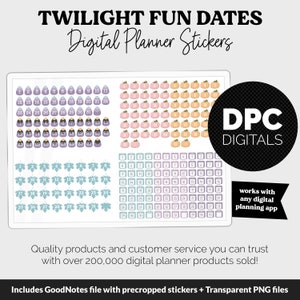 May include: A set of digital planner stickers featuring a variety of designs, including numbers, pumpkins, and leaves. The stickers are in shades of blue, purple, and orange. The text "TWILIGHT FUN DATES" and "DPC DIGITALS" is also included in the image.