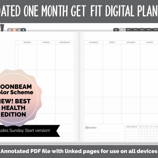 NEW! Undated Get Fit One Month Digital Planner | Moonbeam Theme - Best Health Edition | GoodNotes, iPad & Android | Fitness, Self-Care