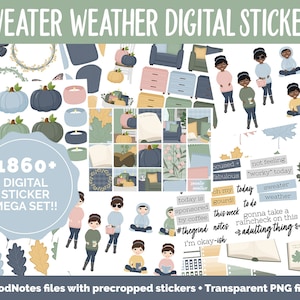 May include: A digital sticker set with over 1860 stickers featuring fall and autumn themes. The stickers include illustrations of pumpkins, leaves, candles, cozy sweaters, and people in sweaters. The text "Sweater Weather Digital Stickers" and "1860+ Digital Sticker Mega Set!!" is included in the image. The stickers are designed for use in digital planners and notes.