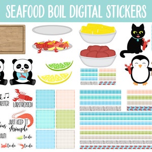 Pu&ograve; includere: Un set di adesivi digitali a tema bollitura di frutti di mare. Gli adesivi includono una variet&agrave; di immagini, come aragoste, granchi, gamberi, mais sulla pannocchia, limoni, lime, un pinguino, un panda e un gatto. Gli adesivi includono anche testo come "rock lobster", "lobstressed", "crabulous", "krill out", "just keep it shrimple" e "to do".