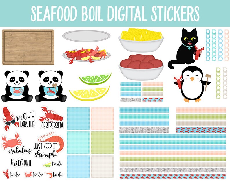 Pu&ograve; includere: Un set di adesivi digitali a tema bollitura di frutti di mare. Gli adesivi includono una variet&agrave; di immagini, come aragoste, granchi, gamberi, mais sulla pannocchia, limoni, lime, un pinguino, un panda e un gatto. Gli adesivi includono anche testo come "rock lobster", "lobstressed", "crabulous", "krill out", "just keep it shrimple" e "to do".