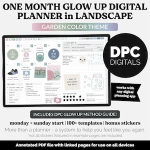 May include: Digital planner in landscape format with a garden color theme. The planner includes templates, stickers, and a glow-up method guide. The screen displays a weekly layout with sections for workouts, goals, and intentions. The planner is designed to help users feel better.