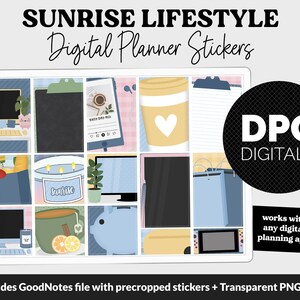 May include: A digital planner sticker set with a sunrise theme. The stickers feature a variety of images, including a coffee cup, a candle, a shopping bag, and a computer screen. The stickers are designed to be used in digital planners and are compatible with GoodNotes.