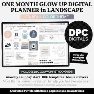 May include: Digital planner in landscape format with a Starfall color theme. The planner includes templates, stickers, and a glow-up method guide. The planner is designed to help users feel like themselves again and works with any digital planning app.