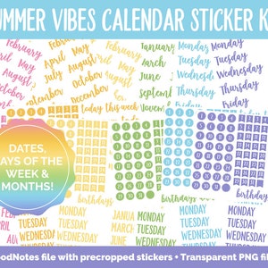 May include: A set of colourful digital planner stickers for GoodNotes featuring months, days of the week, dates, and calendar grids. The stickers are precropped and come in transparent PNG files.