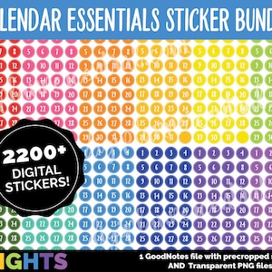 Può includere: Un set di adesivi digitali per calendari con oltre 2200 adesivi circolari colorati con i numeri da 1 a 31. Gli adesivi sono disposti in righe e colonne, con ogni riga che presenta un diverso gradiente di colore. Il testo "CALENDAR ESSENTIALS STICKER BUNDLE" è in alto nell'immagine, e il testo "2200+ DIGITAL STICKERS!" è in un cerchio nero al centro dell'immagine. Il testo "BRIGHTS" è in basso nell'immagine. Il testo "1 GoodNotes file with precropped stickers AND Transparent PNG files" è in basso nell'immagine.
