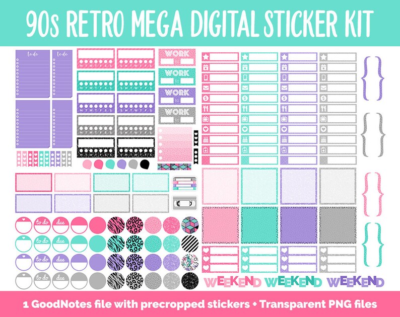 90s Retro Digital Planner Sticker Mega Kit GoodNotes, iPad and Android Flashback, August zdjęcie 7