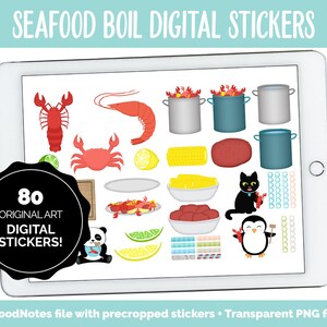 Pu&ograve; includere: Un set di adesivi digitali con 80 illustrazioni originali di elementi di bollitura di frutti di mare. Il set include immagini di gamberi di fiume, gamberi, granchi, pannocchie di mais, limoni, patate, pentole e altri articoli correlati. Gli adesivi sono progettati per l'uso in pianificatori e note digitali.