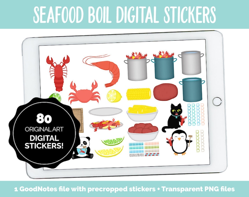 Pu&ograve; includere: Un set di adesivi digitali con 80 illustrazioni originali di elementi di bollitura di frutti di mare. Il set include immagini di gamberi di fiume, gamberi, granchi, pannocchie di mais, limoni, patate, pentole e altri articoli correlati. Gli adesivi sono progettati per l'uso in pianificatori e note digitali.
