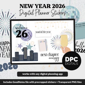 Puede incluir: Pegatinas de planificador digital para el Año Nuevo 2026, con una bola de discoteca, fuegos artificiales y una copa de champán. Incluye pegatinas con el texto "welcome 26", "word of the year" y "next chapter energy".