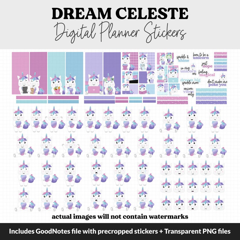 Stickers agenda numérique Dream Celeste la licorne GoodNotes, iPad et Android Mai, Printemps, Kawaii, Activités image 2
