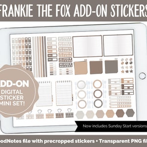 May include: A digital sticker set for use in a planner or journal. The set includes a variety of stickers in brown and beige tones, including boxes, circles, stars, and a note pad. The text "ADD-ON DIGITAL STICKER MINI SET!" is displayed on a brown circle. The text "Now includes Sunday Start versions!" is displayed at the bottom of the image. The text "GoodNotes file with precropped stickers + Transparent PNG files" is displayed at the bottom of the image.