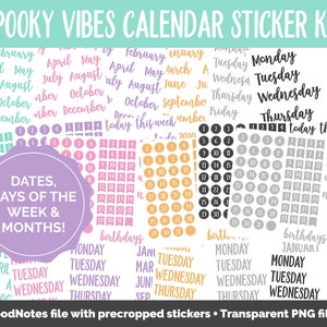 May include: A set of digital planner stickers for GoodNotes featuring a spooky vibes theme. The stickers include dates, days of the week, months, and other calendar-related elements. The stickers are in various colours, including pink, purple, blue, and grey.
