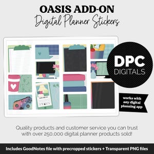 May include: Digital planner stickers with various illustrations, including a coffee cup, laptop, and computer monitor. The image includes the text "OASIS ADD-ON Digital Planner Stickers" and "DPC DIGITALS". The stickers are designed to work with any digital planning app.