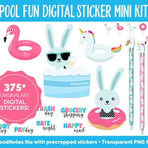 Może przedstawiać: Mini zestaw naklejek cyfrowych z ponad 375 oryginalnymi naklejkami z motywem przyjęcia przy basenie. Naklejki zawierają różowy flamingowy ponton, ponton jednorożca, niebieskiego króliczka w basenie, niebieskiego króliczka w pontonie w kształcie pączka i wiele innych naklejek z motywem basenu.