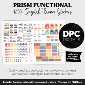 Puede incluir: Un conjunto de pegatinas de planificador digital con el texto "PRISM FUNCTIONAL 1600+ Digital Planner Stickers". Las pegatinas incluyen iconos para la programación, las tareas y más. La imagen también incluye el texto "DPC DIGITALS" y "works with any digital planning app."