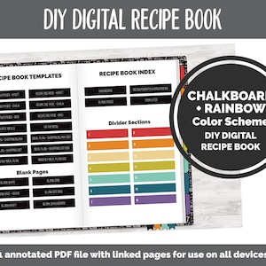 Op de afbeelding: Een digitale receptenboek sjabloon met een krijtbord en regenboog kleurenschema. De sjabloon bevat pagina's voor receptentitels, maaltijdplannen, boodschappenlijstjes en blanco pagina's. Het boek is ontworpen voor gebruik op alle apparaten.