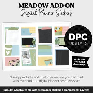 May include: A set of digital planner stickers with a meadow theme. The stickers include a variety of images, such as a coffee cup, a plant, a laptop, and a notebook. The stickers are designed to be used with any digital planning app. "DPC DIGITALS" is written in the top right corner of the image.