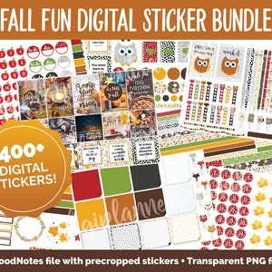 Könnte beinhalten: Ein digitales Sticker-Paket mit über 400 Stickern zum Thema Herbst. Die Sticker zeigen Eulen, Füchse, Äpfel, Kürbisse und andere herbstliche Motive. Die Sticker sind perfekt, um Ihrem Planer, Tagebuch oder anderen digitalen Projekten einen Hauch von Herbst zu verleihen.