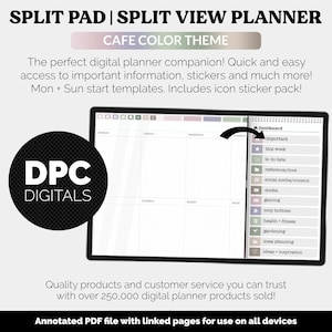 May include: Digital planner with a cafe color theme, featuring a split pad and split view layout. The planner includes a dashboard with various categories like 'important,' 'to do lists,' and 'gardening.' The image also displays the DPC Digitals logo.