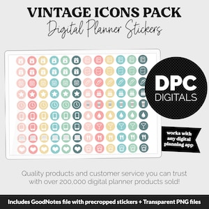 May include: Digital planner stickers with vintage icons in pastel colors. The image includes icons for calendars, stars, clocks, phones, and more. The text reads "VINTAGE ICONS PACK Digital Planner Stickers" and "DPC DIGITALS". The stickers work with any digital planning app.