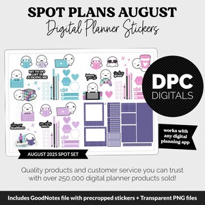 Könnte beinhalten: Digitale Planer-Sticker für August 2025 mit niedlichen Charakterillustrationen, Herzen und geometrischen Formen in Blau, Lila und Rosa. Enthält Text wie "My To Do List Is Judging Me" und "Inbox Zero". Geeignet für jede digitale Planungs-App.