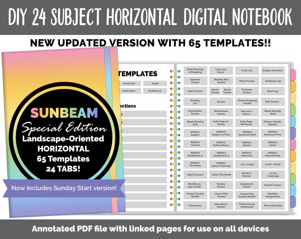 NEW Horizontal DIY 24 Subject Digital Notebook  | Sunbeam Theme | Goo…