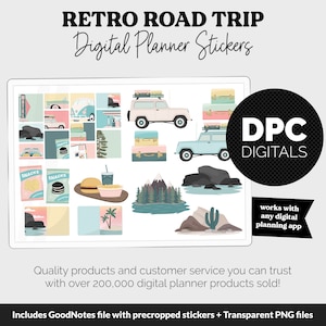 May include: A set of digital planner stickers featuring a retro road trip theme. The stickers include a vintage car, a motel, snacks, mountains, and a cactus. The stickers are designed to be used in digital planners and are compatible with any digital planning app.