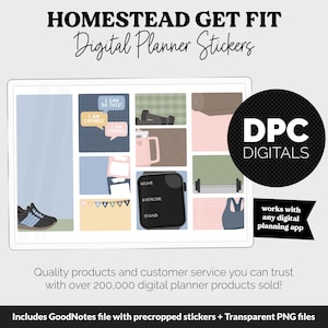 May include: Digital planner stickers with a fitness theme. The image includes a tablet displaying various fitness-related graphics, such as a yoga mat, dumbbells, a water bottle, and a smartwatch. Text includes "HOMESTEAD GET FIT" and "Digital Planner Stickers".