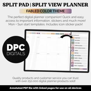 May include: A digital planner with a split view layout, featuring a "Fabled Color Theme." The planner includes sections for daily and weekly planning, with a dashboard and icon stickers. The image also displays the "DPC Digitals" logo.