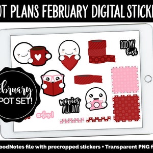 Könnte beinhalten: Digitale Sticker für Februar mit einer Vielzahl süßer Illustrationen, darunter ein Herz, eine Kaffeetasse, ein Buch und ein zwinkerndes Gesicht. Die Sticker sind für die Verwendung in digitalen Planern und Notizbüchern gedacht.
