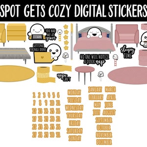Op de afbeelding: Een set digitale stickers met verschillende knusse sc&egrave;nes en objecten, waaronder een bed met een slapende geest, een bank, een tapijt en een geest die videogames speelt. De stickers bevatten ook een kalender, washi tape en andere decoratieve elementen.