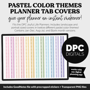 Puede incluir: Pestañas de planificador digital en colores pastel. La imagen muestra una pantalla de tableta que muestra pestañas verticales en varios tonos pastel, con texto que indica los meses del año. Las pestañas están diseñadas para planificadores DPC Joyful Life.