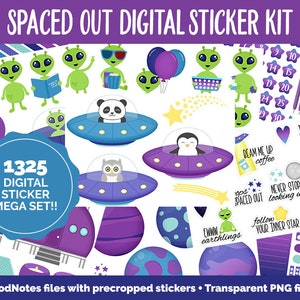 Puede incluir: Un kit de pegatinas digitales con 1325 pegatinas que representan extraterrestres, naves espaciales, planetas, estrellas y otras ilustraciones con temática espacial. Las pegatinas son de varios colores, incluyendo morado, azul, verde y amarillo. El kit incluye archivos GoodNotes con pegatinas precortadas y archivos PNG transparentes.