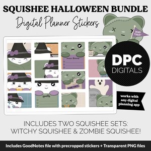 Puede incluir: Pegatinas digitales para planificador con temática de Halloween. Las pegatinas incluyen personajes de brujas y zombis. La imagen incluye el texto "SQUISHEE HALLOWEEN BUNDLE" y "Digital Planner Stickers".