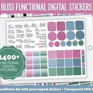 May include: A digital planner sticker set with over 1400 functional stickers. The stickers are in a variety of colors, including pink, blue, and green. The stickers are designed for use in digital planners and include a variety of categories, such as work, home, appointments, and errands.