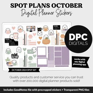 Könnte beinhalten: Digitale Planer-Aufkleber für Oktober 2024 mit niedlichen Illustrationen von Kaffeetassen, Kürbissen und lesenden Figuren. Enthält verschiedene Formen, To-Do-Listen und dekorative Elemente. Für jede digitale Planungs-App geeignet.