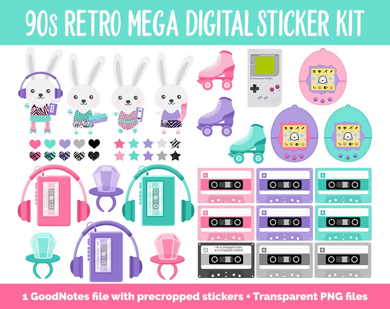 90s Retro Digital Planner Sticker Mega Kit GoodNotes, iPad and Android Flashback, August image 3