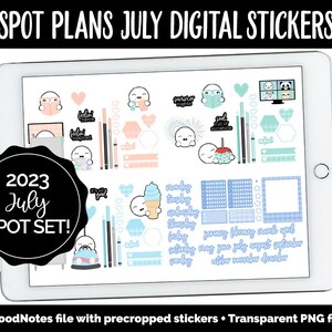 Könnte beinhalten: Ein digitaler Sticker-Set für Juli 2023 in blau-weißer Farbgebung. Die Sticker zeigen niedliche Illustrationen eines Geistes, eines Eisbechers und eines Autos. Das Set enthält eine GoodNotes-Datei mit zugeschnittenen Stickern und transparenten PNG-Dateien.
