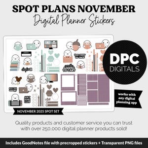 May include: Digital planner stickers with various illustrations, including reading characters, hearts, and geometric shapes. The text on the image says "SPOT PLANS NOVEMBER Digital Planner Stickers" and "NOVEMBER 2025 SPOT SET". The stickers are designed to work with any digital planning app.